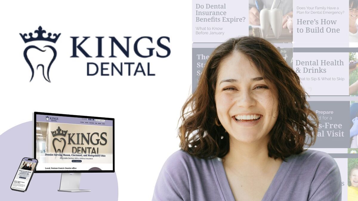 Kings Dental logo with website on phone and computer and woman smiling